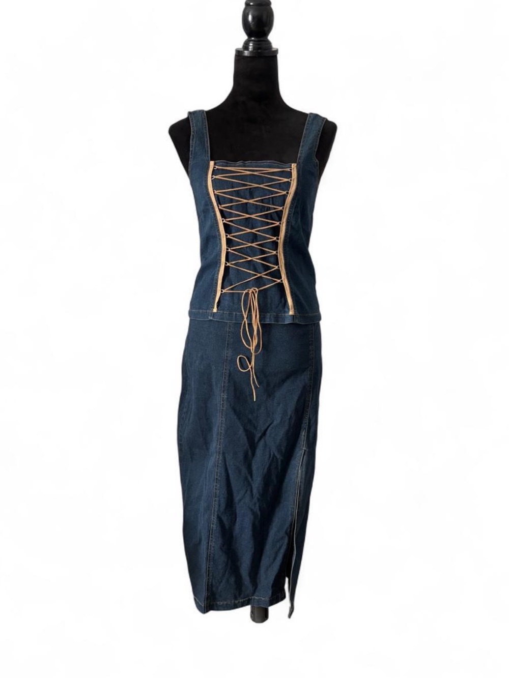 Y2K Just for Wraps Denim Lace-Up Corset Top and Skirt Set